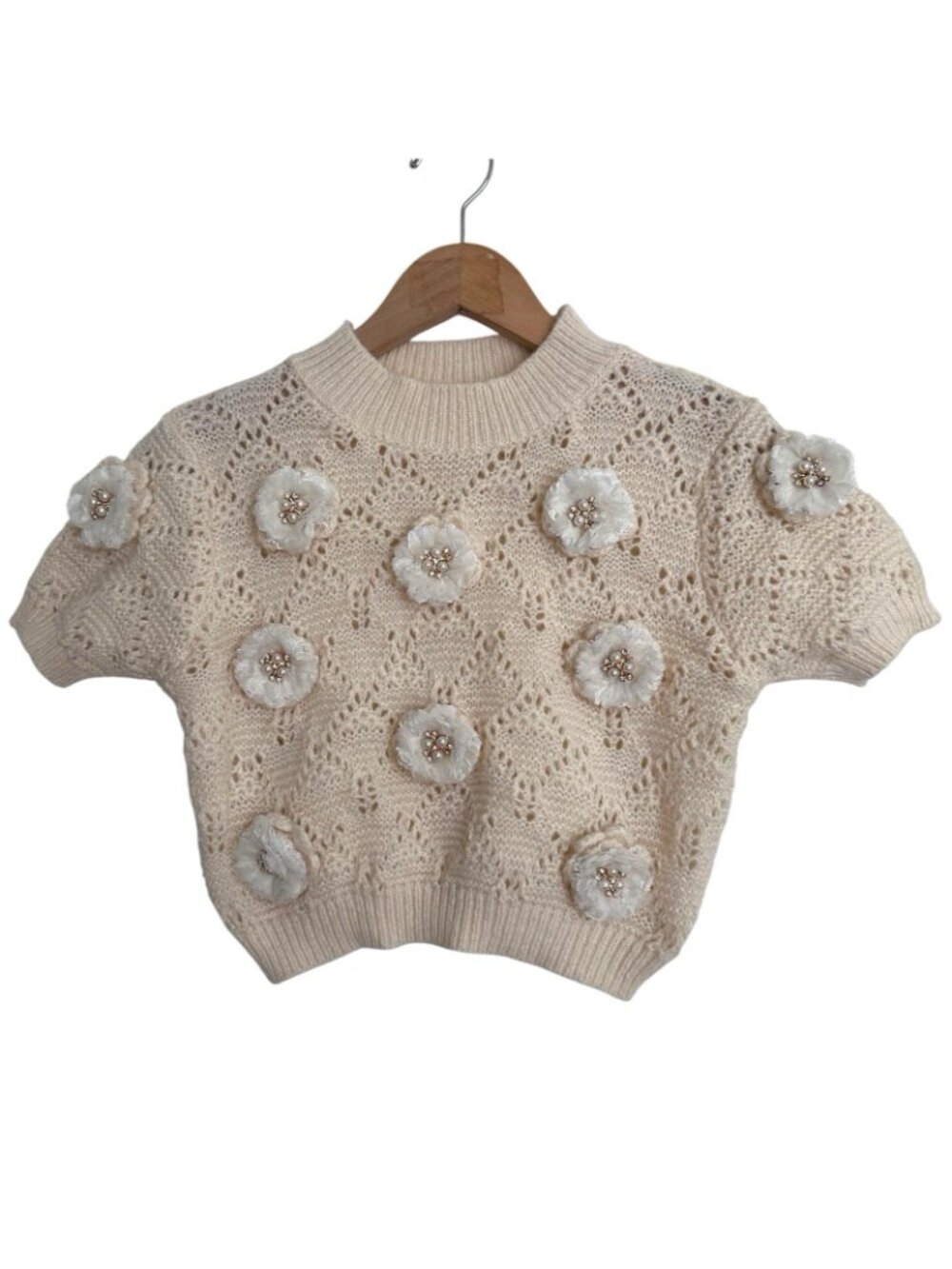 Women Crop Top Knit 3D Lace Flower Pearl Appliques Ivory SZ PS Crew Neck Stretch - Picture 3 of 11